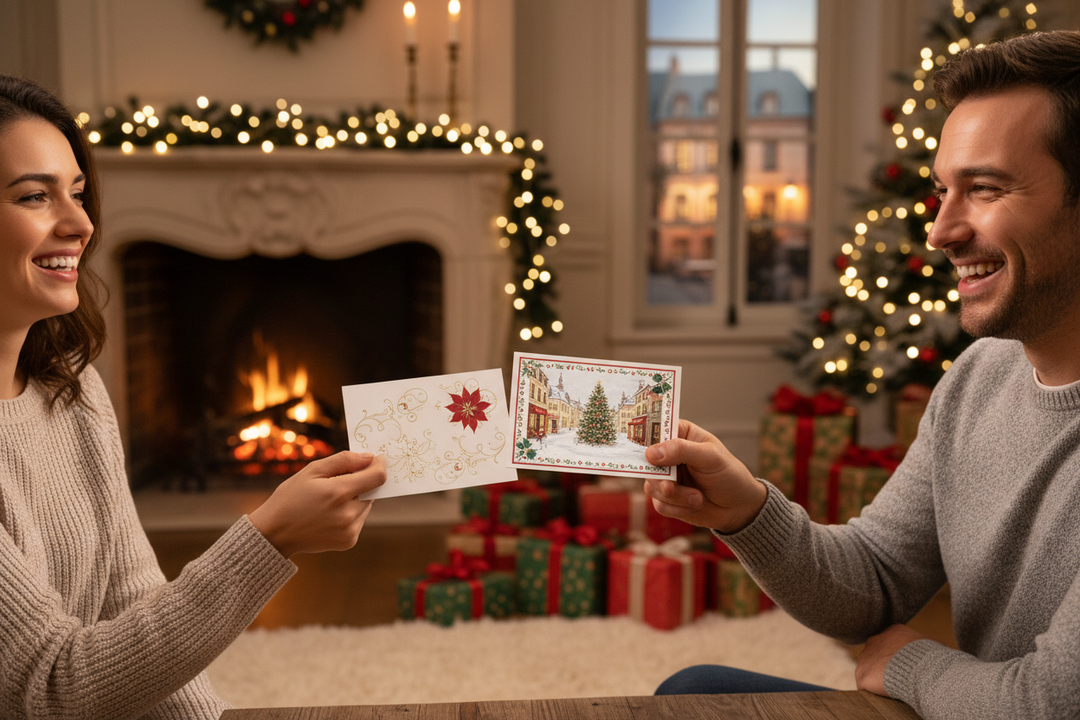 deux personnes qui s'offrent des bons cadeaux de Noël